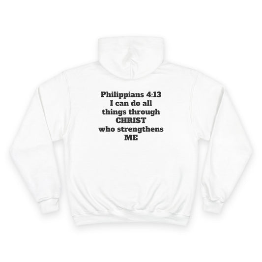 Champion Hoodie — Philippians 4:13 Christian Hoodie with Faith Cloud Graphic